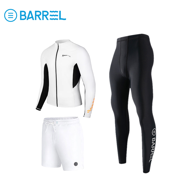 White male ivory shirt with white shorts and three pairs of black long pants